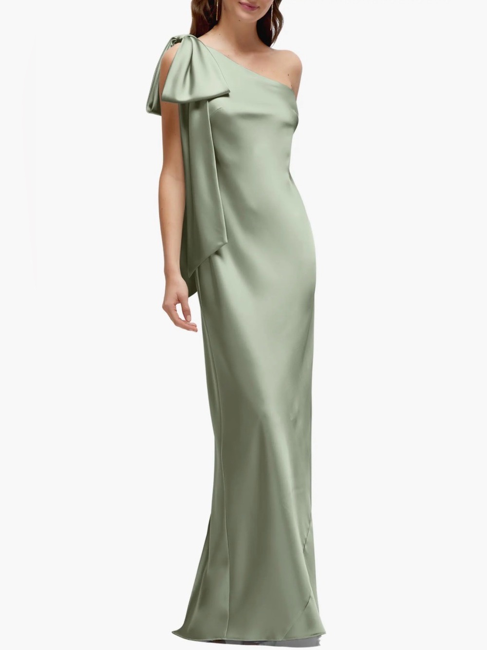 After Six Bow Detail One-Shoulder Stretch Satin Charmeuse Gown in Sage